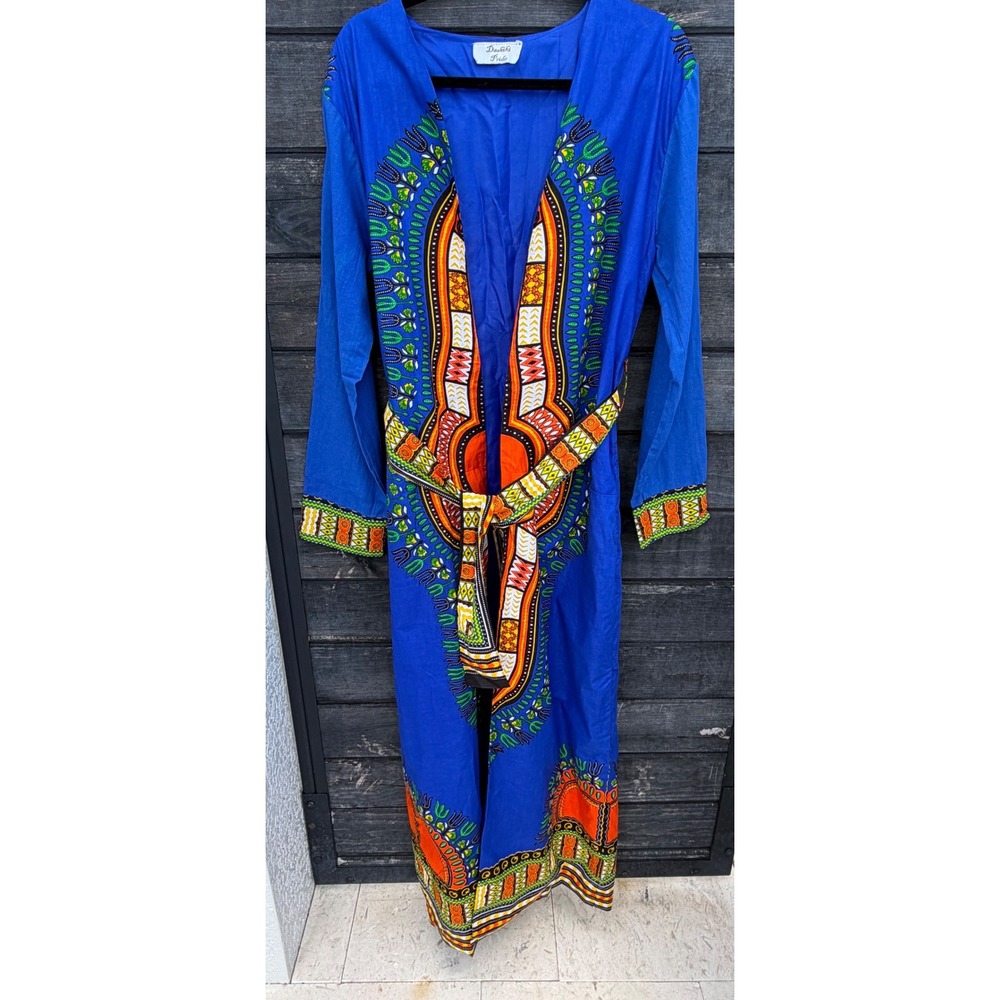 Dashiki Pride Blue African Print Maxi Robe Duster with Waist Tie Belt One Size - Picture 2 of 5